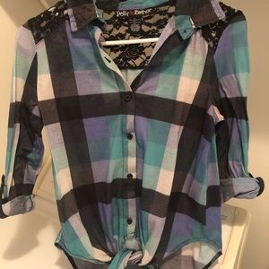Button Down Plaid Shirt w/ Lace Back